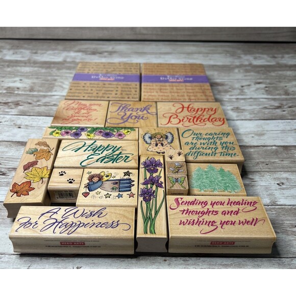 HUGE Lot 19 Hero Arts (Vintage 1990's) Wood Mounted Rubber Stamps Sayings, Angel - Picture 1 of 16